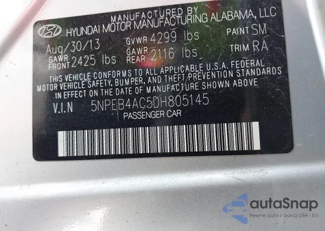 2013 Hyundai Sonata Gls z USA, uszkodzony, nr VIN 5NPEB4AC5DH805145